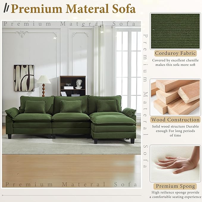 URRED Modular Sectional Sofa Comfy Cloud Couch, Modern Corduroy Sofa Sleeper Deep Seat Couches with Ottoman/Pillows for Living Room (Green, 117''- L Shape)-Ruum Studio Home