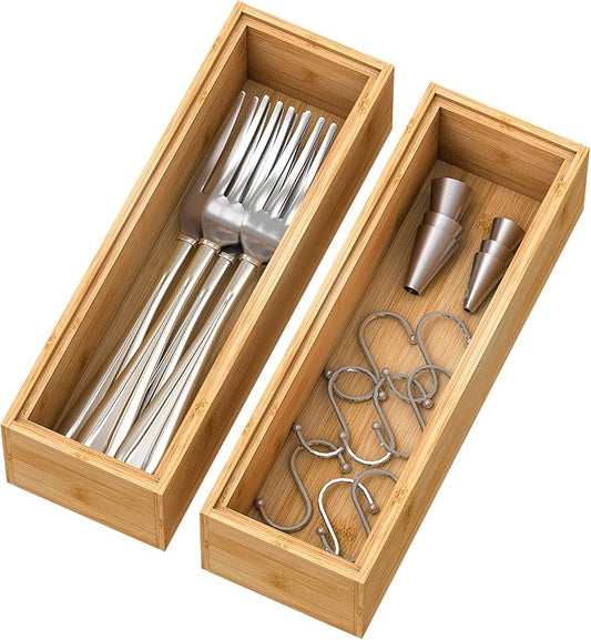 Bamboo Kitchen Drawer Organizer,Stackable Silverware Tray Utensil Organizer Cutlery Holder for Kitchen,Wooden Storage Box for Bathroom, Multi-Use Storage Bins Dividers for Office(9x3x2.5 inch)-Ruum Studio Home