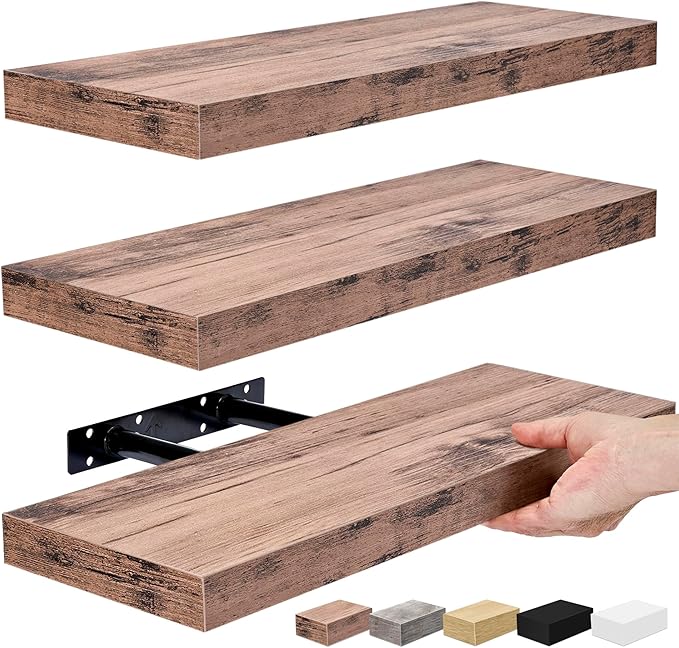 Sorbus Floating Shelves for Wall, Bathroom Shelves Wall Mounted for Kitchen, Bedroom, Bathroom Storage Over Toilet, Hanging Book Shelf for Wall Home Decor Living Room (Mahogany, 3 Pack)-Ruum Studio Home