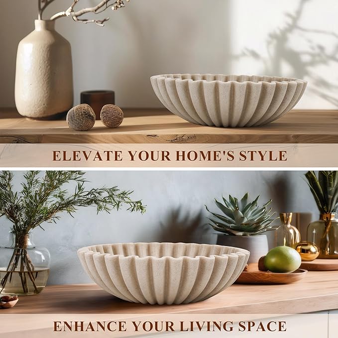 Large Decorative Bowl, Modern Handicraft Bowls for Home Decor, Decorative Fruit Bowl for Kitchen Counter, Ruffle Decor, Stylish Key Bowl for Entry Table, Artificial Stone Beige-Ruum Studio Home