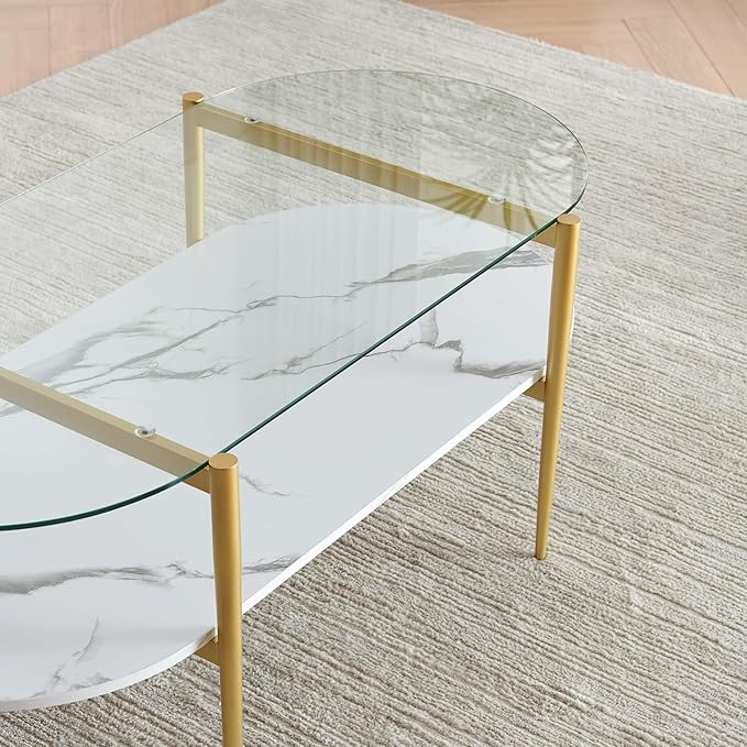 Oval Coffee Table, Mid-Century Modern Design, L41 x W21 x H17 inch, for Living Room, Clear Glass Top, White Marble Finish Wood Shelf & Gold Finish Frame-Ruum Studio Home