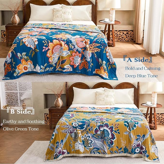 Boho Throw Blanket, Blue Lightweight Blankets for Summer, 100% Cotton Bohemian Decorative Throw Blanket, 50"x60" Reversible Muslin Breathable Woven Farmhouse Blankets Quilt,-Ruum Studio Home