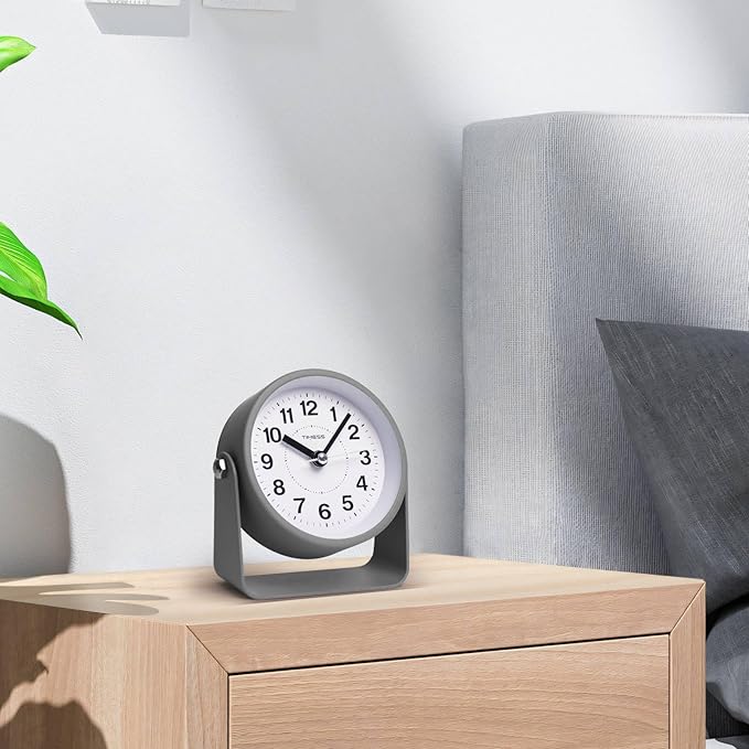 Analog Alarm Clock, Silent Non-Ticking Quartz Movement, Battery-Operated with Snooze & On-Demand Light, Easy to Set Gentle Wake Bedside Desk Clock, Ideal for Home, Travel, Office (Gray)-Ruum Studio Home