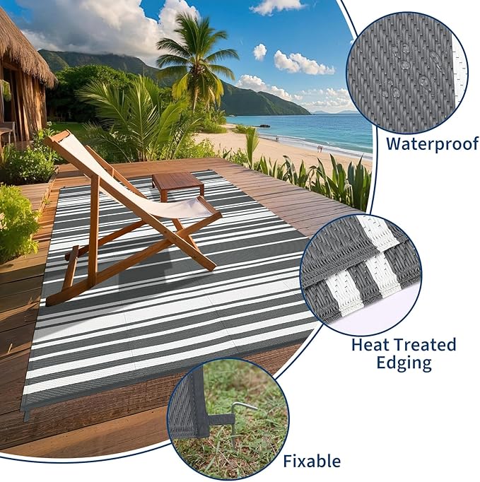 Waterproof Outdoor Rug 8x10 Contemporary Reversible Plastic Straw Rug, Easy Cleaning Striped Patio Carpet, UV-Resistant Indoor Outdoor Floor Cover for RV, Porch, Deck, Backyard, Grey-Ruum Studio Home