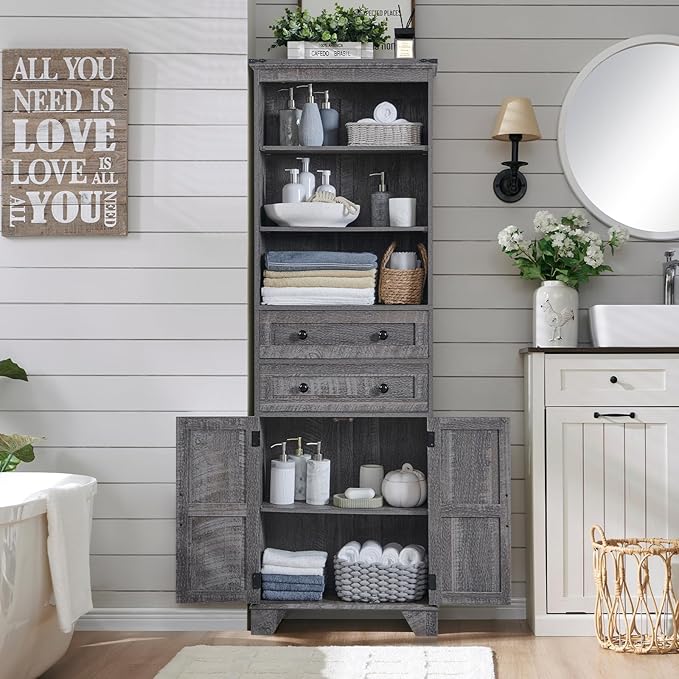 Bathroom Storage Cabinet, 72" Tall Farmhouse Storage Cabinet with 2 Drawers, Adjustable Shelves & Barn Door, Cabinet for Bathroom, Living Room, Kitchen, Grey Wash-Ruum Studio Home