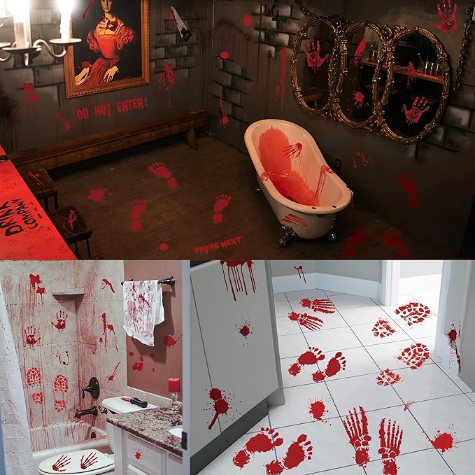 173PCS Halloween Bloody Footprints Floor Clings Plus Tattoos - Hallowmas Handprint Zombie Restroom Sign Decals Party Decorations-Ruum Studio Home