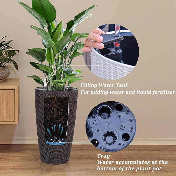 2Pack 22" High Modern Plant Pots Planter-Self-Watering Indoor/Outdoor Planting with Drain Holes, Water Level Monitor, Inner Bucket for Front Porch Patio, Brown Rattan Conical-Ruum Studio Home