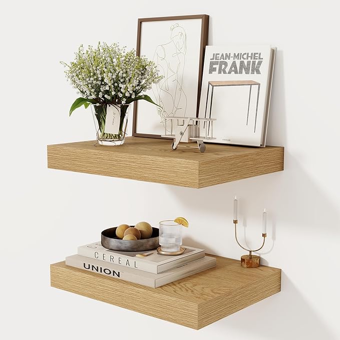 12 Inch Deep Floating Shelves, 16 x 12 Floating Shelf for Books, Rustic Wood Deep Wall Shelves for Home Storage & Display, 2" Thicked Shelves for Kitchen, Living Room, Bedroom, Oak Color, 2 Pack-Ruum Studio Home