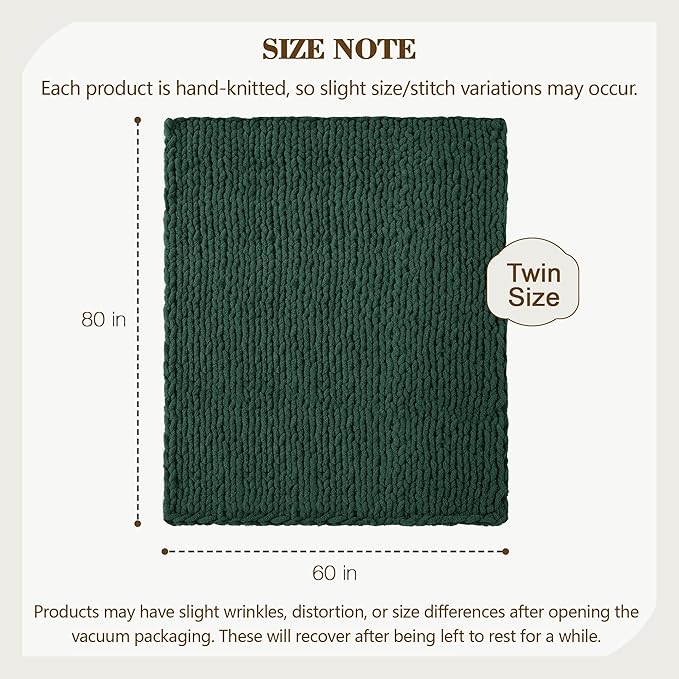 Carriediosa Chunky Knit Throw Blanket 60" X 80" Twin, 100% Hand Made Large Chenille Loop Yarn Soft Fluffy Throws for Couch Sofa Bed, Big Crochet Cozy Heavy Thick Cable Woven Blankets, Dark Green-Ruum Studio Home