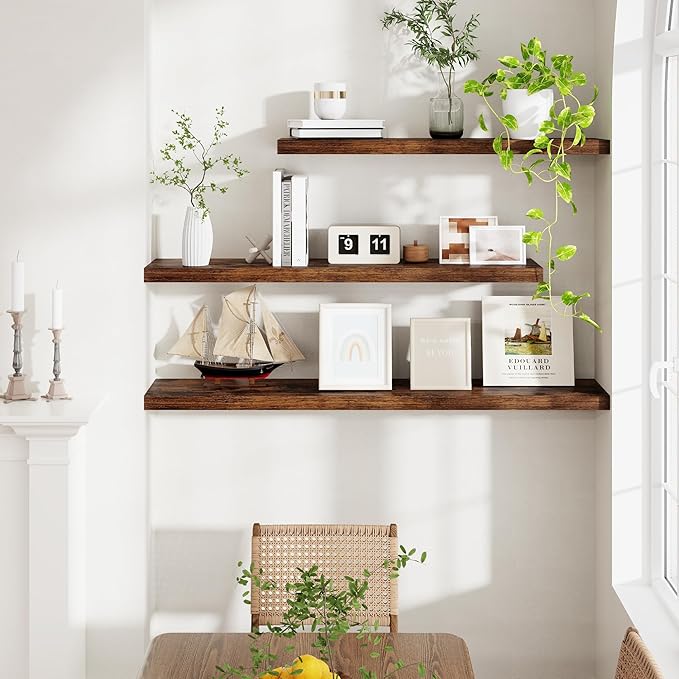 48 Inch Floating Shelves Set of 2, Rustic 48 x 9 Floating Shelf for Wall, 9 Inch Deep Bookshelf Invisible Bracket, Wall-Mounted Deep Shelving for Bedroom, Kicten, Living Room, Rustic Brown Color-Ruum Studio Home
