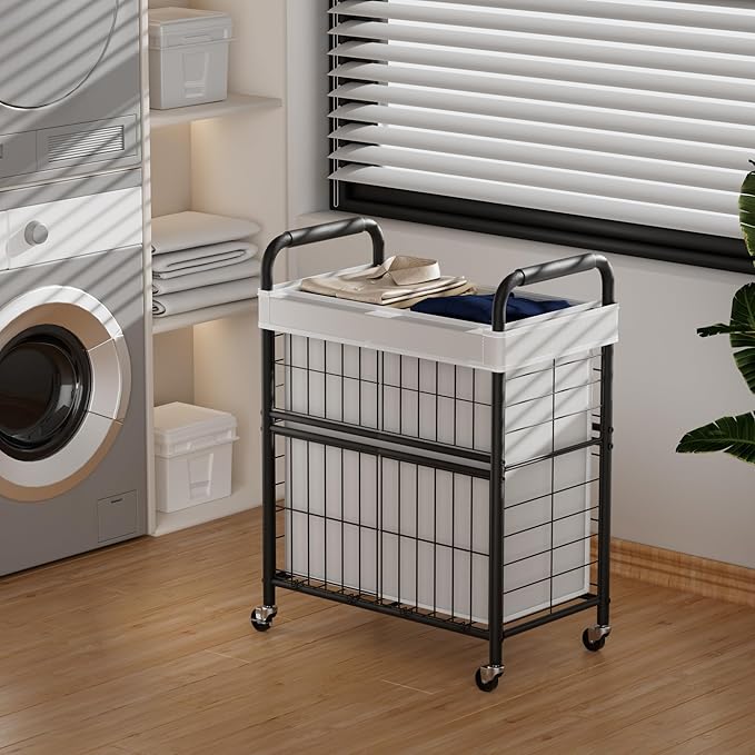 Laundry Hamper 2 Section, 110L Rolling Laundry Sorter Basket with Wheels, 2 Compartment Clothes Organizer Cart, Pull-Out Removable Bags for Laundry Room, Bathroom, Bedroom, White-Ruum Studio Home