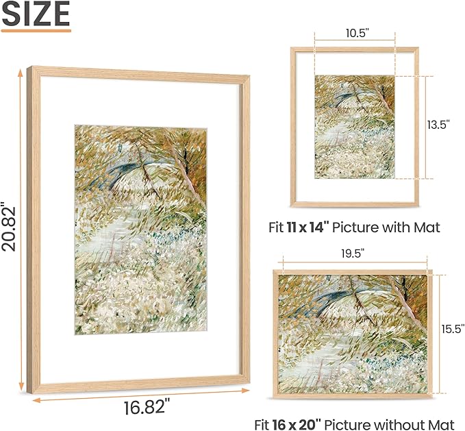 upsimples 16x20 Frames, Natural Solid Wooden Picture Frames, Display 11x14 with Mat or 16 x 20 Without, Vertical or Horizontal Wall Hanging, 1 Pack, Natural-Ruum Studio Home