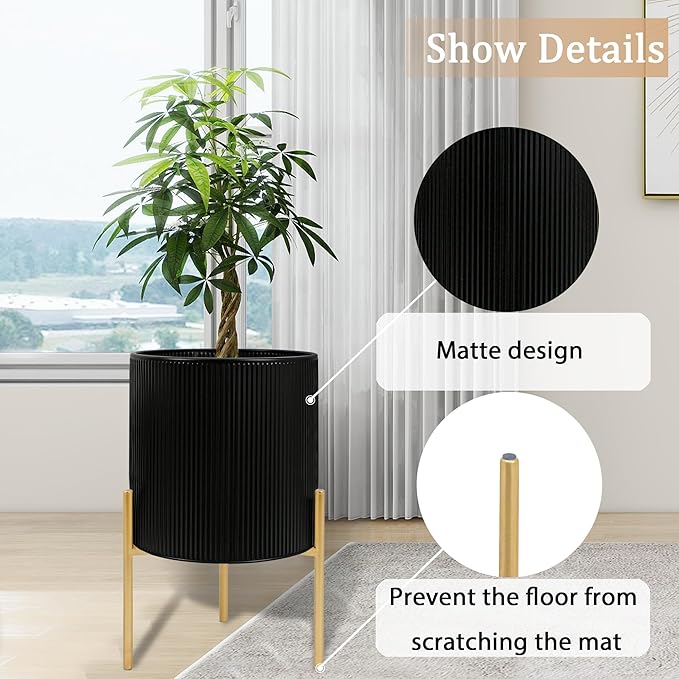 ARNIS Modern Plant Pots, Set of 2 Round Large Planters with Stand, Large Size Metal Pots with Drainage Holes for Living Room, Office, Garden or Balcony, 10.5 &12.25 Inch, Black & Gold-Ruum Studio Home