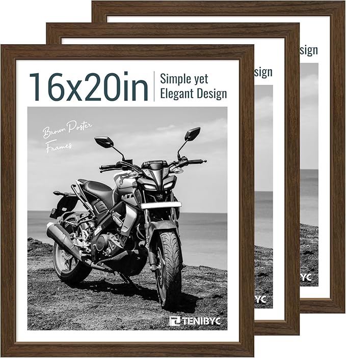16x20 Picture Frame Set of 3 - Brown Woodgrain, Wood Poster Frame, HD Tempered Glass, Wall Gallery Hanging-Ruum Studio Home