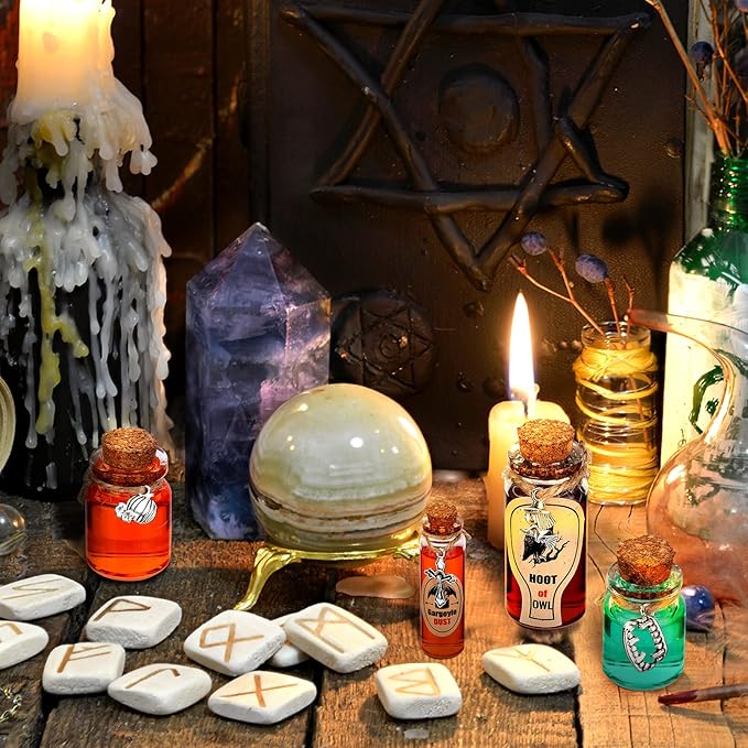 Newtay 53 Pcs Halloween Mini Potion Bottles Set Including 12 Decorative Glass Bottles with Cork Stoppers 20 Creepy Apothecary Bottle Labels Stickers 20 Charms Pendants 1 String (5/6/7/12 ML,Stylish)-Ruum Studio Home