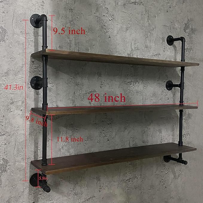 Industrial Pipe Wall Shelves Pipe Shelving with Real Wood Plank ,48 Inches Floating Shelves for Wall Farmhouse Pipe Book Shelves Dark Brown 3 Tier for Kitchen,Living Room Decor and Bar Shelving-Ruum Studio Home