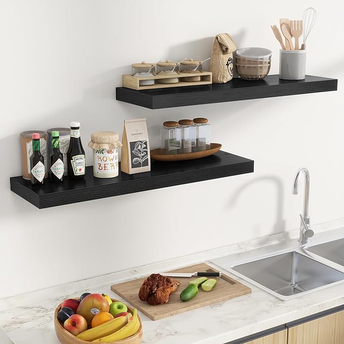 Fun Memories Floating Shelves for Wall 36 Inches, Wood Shelves with Invisible Bracket, 10" Deep Shelves Wall Mounted, Large Wood Floating Shelves for Living Room Bathroom, Black, Set of 2-Ruum Studio Home