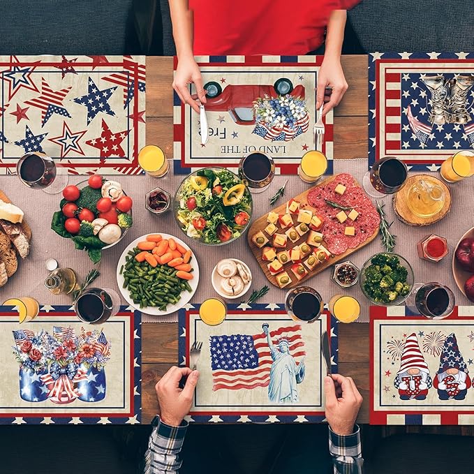 4th of July Placemats Set of 6 Patriotic Plastic Table Mats Independence Memorial Day Vintage America Flag Stars Stripe Place Mats Vinyl Table Decoration for Indoor Outdoor Party Kitchen Dining-Ruum Studio Home