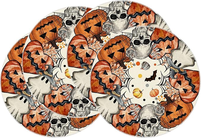 XCHI Spooky Skeleton Ghost Pumpkin Halloween Round Placemats Set of 4 Table Mats for Party Home Kitchen Dining Table Decorations 14x14 Inch-Ruum Studio Home