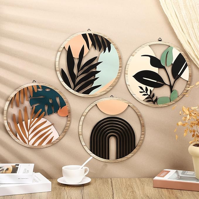 Qunclay 4 Pieces Boho Wall Art Wooden Bohemian Wall Decor Hanging Art Nursery Decor Farmhouse Geometric Hanging 10 Inch Aesthetic Wood Minimalist for Apartment Bedroom(Elegant)-Ruum Studio Home