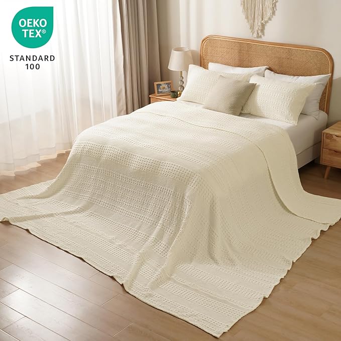 PHF 100% Cotton Waffle Blanket Oversized King 120"x120", Lightweight Breathable Extra Large 10'x10' Summer Blankets for Bed, Giant Big Luxury Aesthetic Woven Bedding for Home Decor, Cannoli Cream-Ruum Studio Home