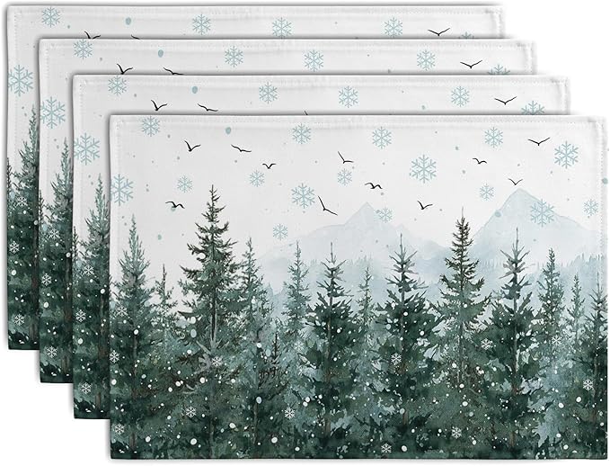 Winter Pine Tree Snowflake Placemats Set of 4 Christmas Snow Green Forest Place Mat 12x18 Inch Seasonal Xmas Holiday Rustic Nature Washable Fabric Table Mats for Farmhouse Kitchen Dining Decoration-Ruum Studio Home