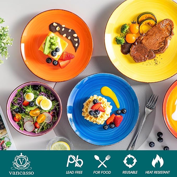 vancasso Bonita Dinnerware Sets, 24 Pieces Multicolor Stoneware Dinner Set for 6, Handpainted Spirals Pattern Ceramic Plates and Bowls Sets Kitchen Plate Set-Ruum Studio Home