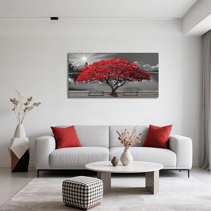 Black and White Red Tree Wall Art Canvas Print Picture Large Red Tree Landscape Modern Artwork for Living Room Bedroom Office Home Wall Decoration Decor With Frame 20x40in-Ruum Studio Home