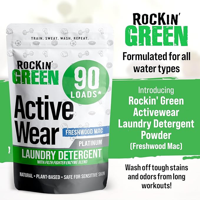 Rockin' Green Laundry Detergent, Plant based, All Natural Laundry Detergent Powder, Vegan and Biodegradable Odor Fighter, Safe for Sensitive Skin (Active Wear 90 Loads - Freshwood Mac)-Ruum Studio Home