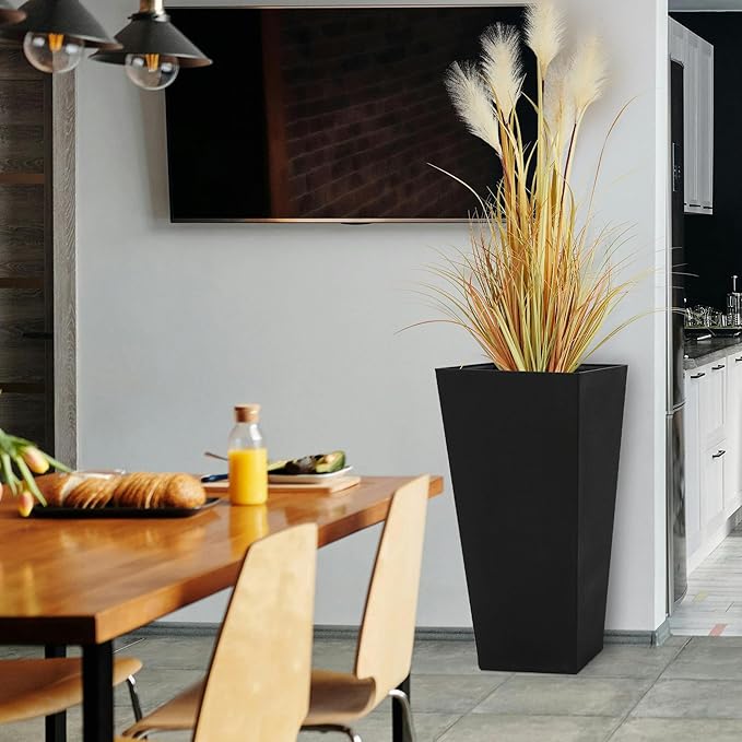 Worth Garden 2-Pack Black Matte Texture Square Tapered Planter - 25.5" H. Tall Plastic Plant Pots with Drain Hole for Indoor Outdoor - Modern Decorative Flower Pots for Front Porch, Patio, Deck-Ruum Studio Home