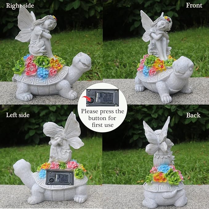 Garden Statues Outdoor Decorations Solar Turtle Angels Decor with Succulents LED Lights Garden Ornaments Figurines for Patio Yard Lawn Gifts for Women Grandma-Ruum Studio Home
