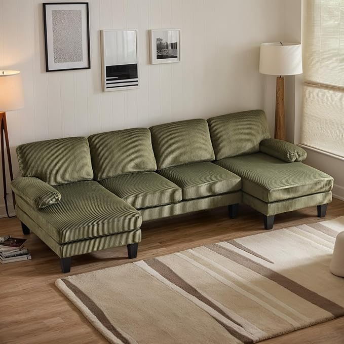 Karl home U-Shape Sectional Sofa Couch 111" Modern 4-Seat Sofa with Chaises Corduroy Fabric Upholstered Covertible Couch with Wood Grain Legs for Living Room, Reception Room, Apartment, Green-Ruum Studio Home