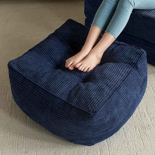 HIGOGOGO Square Stuffed Pouf Ottoman, Corduroy Poufs with Foam Chunk Filling, Furry and Fluffy Pouf Foot Stool Storage Ottoman, 25.6 X 25.6 Floor Poufs Foot Rest for Living Room, Navy-Ruum Studio Home