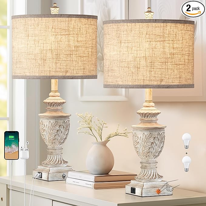 Farmhouse 3-Way Dimmable Touch Table Lamp Set of 2 for Bedroom Living Room with USB A+C Charging Ports 27" Tall Rustic Traditional Nightstand Bedside Lamps White End Table Lamp (2 Bulbs Included)-Ruum Studio Home