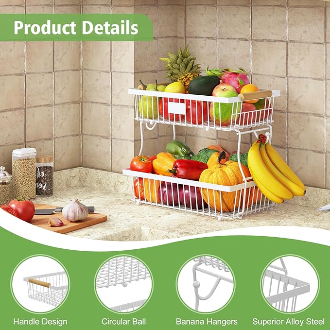 2 Tier Fruit Basket for Kitchen Counter with 2 Banana Hangers, Countertop Metal Fruit Bowl with Wooden Handle, Large Storage Stand for Vegetables, Snacks, Breads, Produce Storage – White-Ruum Studio Home