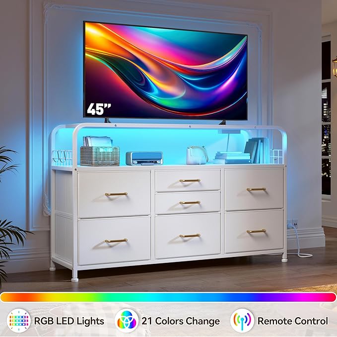 TV Stand for Bedroom with LED Lights & Charging Station, 7 Drawer with Open Shelf, Media Console for Living Room & Chest of Drawers for Closet, Entryway, Hallway, 4 Hooks, White-Ruum Studio Home