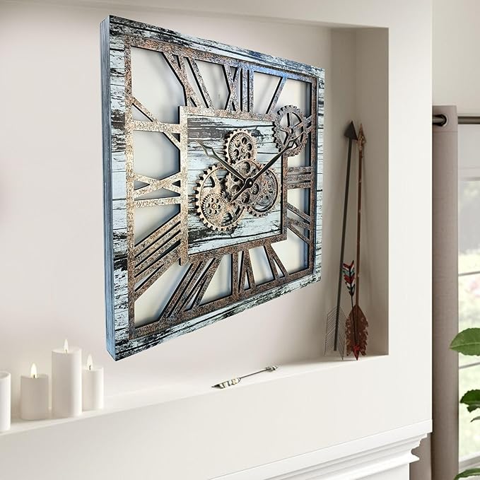 The Gears Clock 24'' Inch Square Real Moving Gear Wall Clock Vintage Industrial Oversized Rustic Farmhouse (Grey and White)-Ruum Studio Home