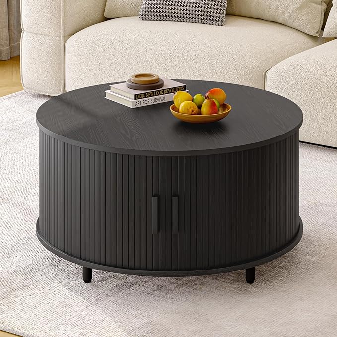 Round Coffee Table with Storage, 31.5" Modern Coffee Table with 360° Curved Sliding Door, Fluted Wood Accent Coffee Table with Adjustable Footpads, Round Center Table for Living Room, Black-Ruum Studio Home