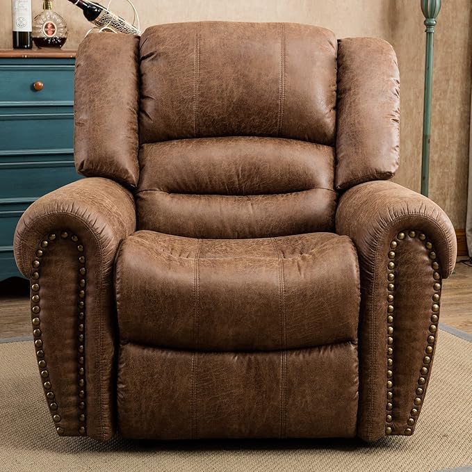 CANMOV Leather Recliner Chair, Classic and Traditional Manual Recliner Chair with Comfortable Arms and Back Single Sofa for Living Room, Nut Brown-Ruum Studio Home