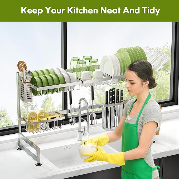 2 Tier Extra Large Stainless Steel Expandable Over The Sink Dish Drainer Drying Rack, Rust Proof Metal, Space Saving, Modern Silver Big Capacity Extendable Plate Strainers Above Kitchen Counter-Ruum Studio Home