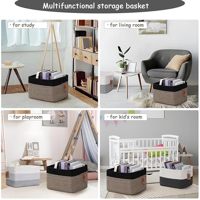 COMFY-HOMI Cotton Rope Woven Basket with Handles for Shelves,Toys,Book, Cloth Storage Baskets Bin for Organizing-13.5"x11"x9.5" Toy Decorative Organizer for Living Room, Bathroom-Black/Jute-Ruum Studio Home