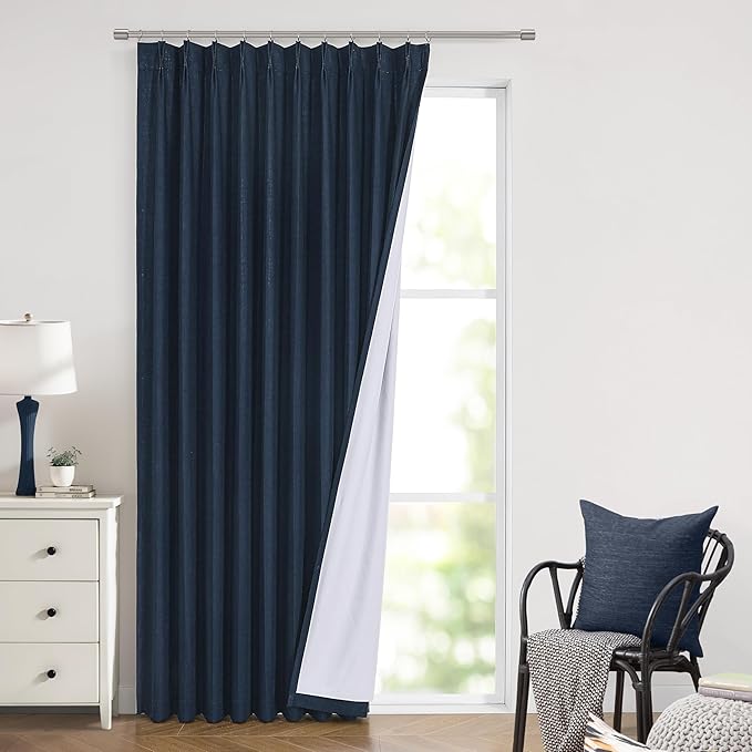 Vision Home Navy Blue Pinch Pleated Full Blackout Curtains Linen Blended Room Darkening Window Panels 90 inch for Living Room Bedroom Thermal Insulated Pinch Pleat Drapes with Hooks 60" Wx90 Lx1-Ruum Studio Home