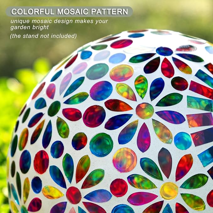 VOREEN 10" Mosaic Glass Gazing Ball with Solar Light, Outdoor Solar Gazing Globe, Handmade IP44 Waterproof Garden Decor Sphere for Patio Yard, Ideal Gift for Mom Wife Friend, Colorful Daisy Design-Ruum Studio Home