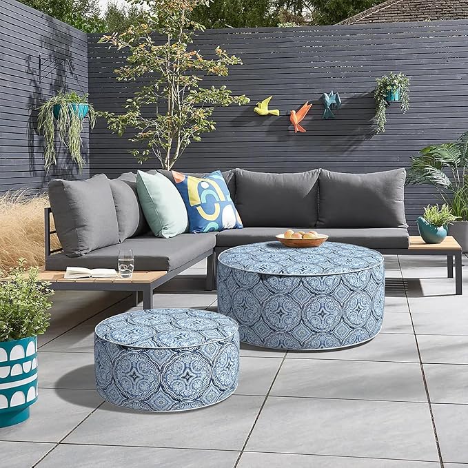 Inflatable Ottoman Stool D31 xH14 for Outdoor/Indoor Use, Water Repellent Patio Foot Rest Stool with Portable Handle,Round Pouf Ottoman Suitable for Garden,Deck and Camping - Medallion Blue-Ruum Studio Home