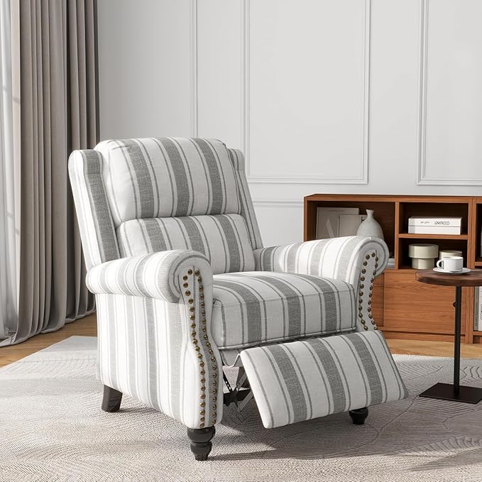 UIXE Pushback Recliner Chair Push Back Accent Chair, Fabric Overstuffed Armchair for Living Room, Rivet Trim Club Chair Home Theater Single Sofa Bedroom Reading Seat - Stripe Gray-Ruum Studio Home