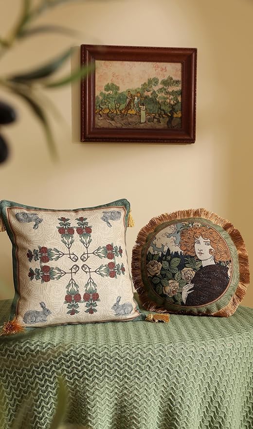 patdrea Designer Throw Pillow Covers Set of 4,French Elegant Green Linen with Rose Collection Pattern Pillow Covers,Decorative Lumbar Square Round Pillowcases Cushion for Bed Living Room Outdoor-Ruum Studio Home