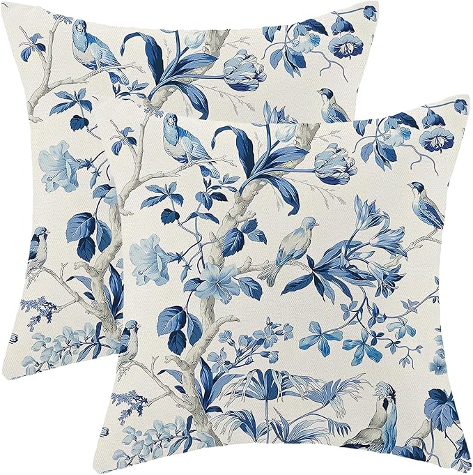 CXMEIFLY Navy Blue Spring Floral Pillow Covers 18 x 18 Inch Set of 2 for Chinoiserie Flowers Bird Decor Throw Pillows Vintage Plant Outdoor Decorative Cushion Cases for Couch Bed Decorations-Ruum Studio Home