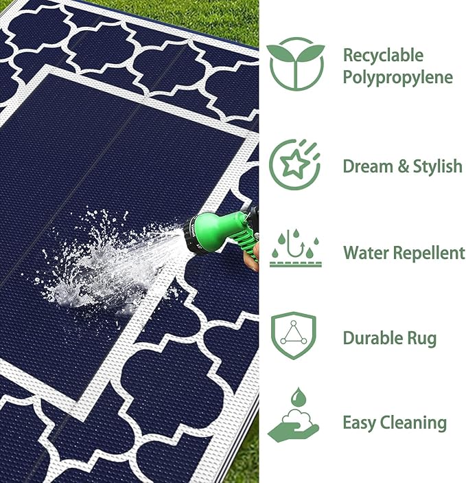 GENIMO Outdoor Rug Waterproof for Patio Decor, 8'x10' Reversible Plastic Straw Rug Carpet, Camping Mats for Outdoor, RV, Backyard, Deck, Balcony, Picnic, Blue & White-Ruum Studio Home