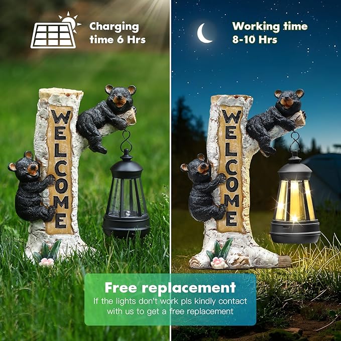 Json Garden Bear Statue with Solar LED Lantern, Gifts for Mom Yard Art, Whimsical Figurine Large Sculpture Lighted Outdoor Mother's Day Spring Decorations for Lawn, Porch-Ruum Studio Home