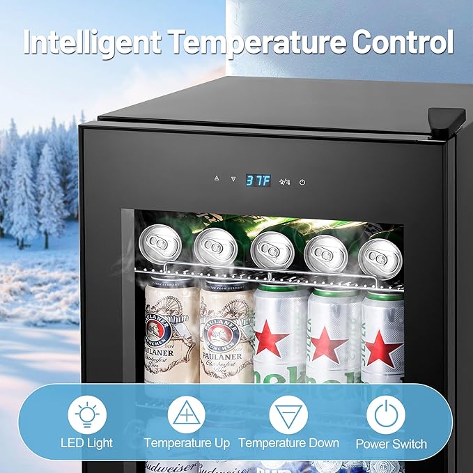 Beverage Refrigerator Cooler, 17 Inch 120 Cans Freestanding Mini Fridge with Glass Door, Adjustable Shelves and LED Light, Small Drink Fridge Counter-top Beer Fridge for Bedroom Office Bar-Ruum Studio Home